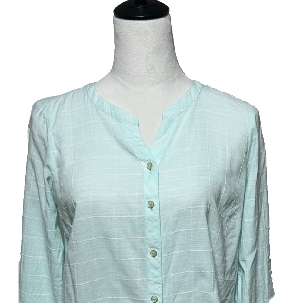 Talbots Top Women Medium Petite Aqua Green Button Front Roll Tab Sleeve
